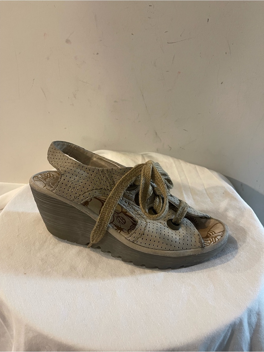 Fly London Wedge Lace-Up Sandal in Taupe